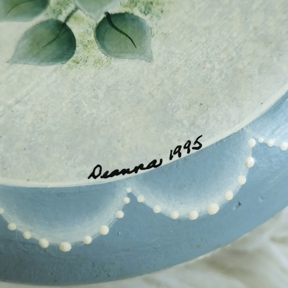 Vintage Hand-Painted Wooden Lid Glass Trinket Box – Signed & Dated 1995